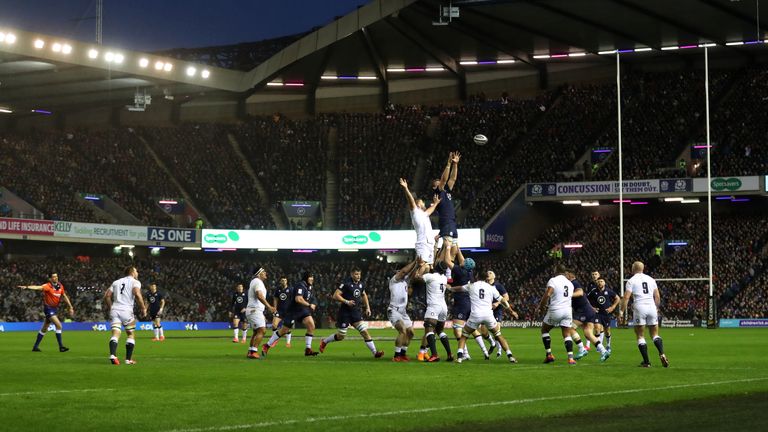 A general view of a line out during the Guinness Six Nations match at BT Murrayfield Stadium, Edinburgh. PA Photo. Picture date: Saturday February 8, 2020. See PA story RUGBYU Scotland. Photo credit should read: David Davies/PA Wire. RESTRICTIONS: Editorial use only, No commercial use without prior permission