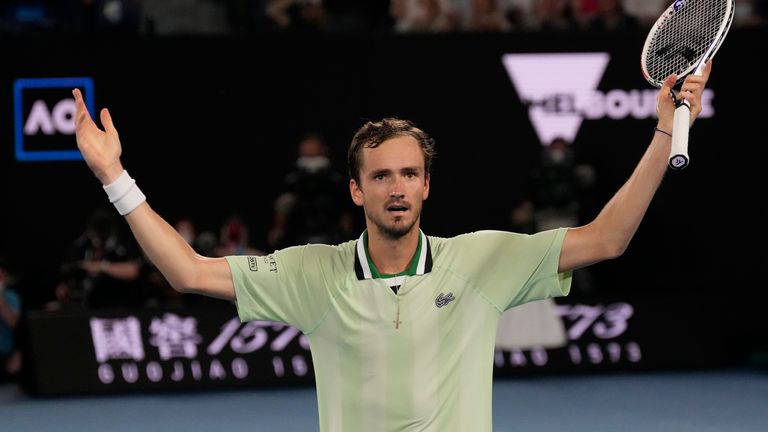 Daniil Medvedev of Russia reacts after winning the second set. Pic: AP