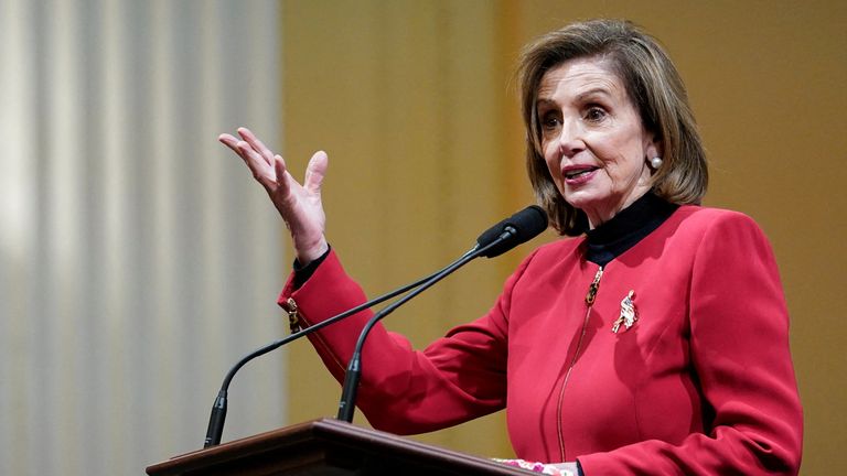 U.S. House Speaker Nancy Pelosi speaks at the start of a discussion with historians on how to "establish and preserve the narrative of January 6th" on the one-year anniversary of the attack on the Capitol in Washington, U.S., January 6, 2022. Susan Walsh/Pool via REUTERS
