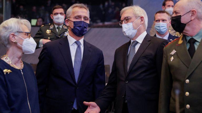 U.S. Deputy Secretary of State Wendy Sherman, NATO Secretary General Jens Stoltenberg, Russian Deputy Foreign Minister Alexander Grushko and Russian Deputy Defence Minister Colonel General Alexander Fomin are seen during NATO-Russia Council at the Alliance&#39;s headquarters in Brussels, Belgium January 12, 2022. Olivier Hoslet/Pool via REUTERS
