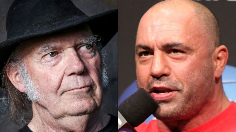 Neil Young (L) has removed his music from Spotify after objecting to his tracks being on the same platform as Joe Rogan's podcast. Pic: AP