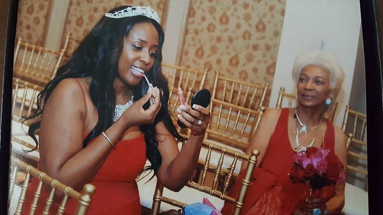 Angelique Fawcette pictured with Nichelle Nichols on her wedding day