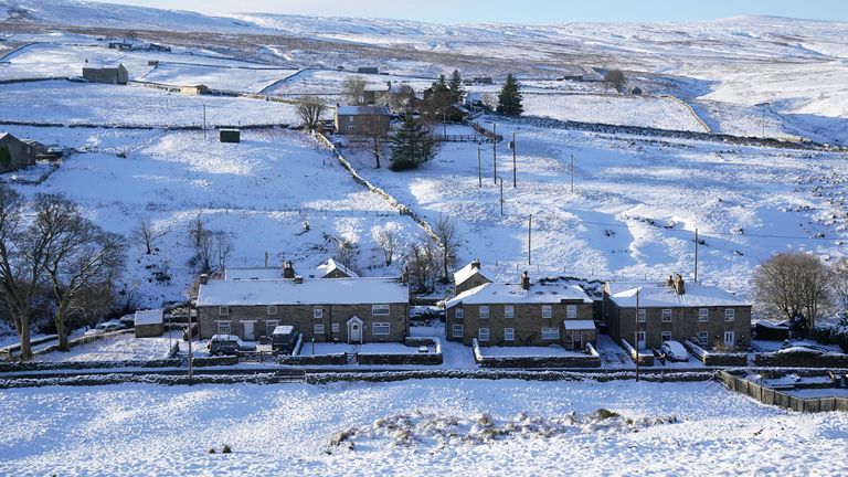 Snow covered fields and rooftops in Allenheads in the Pennines to the north of Weardale in Northumberland. Picture date: Wednesday January 5, 2022.
