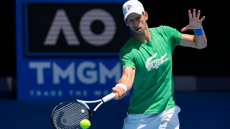 Defending men's champion Novak Djokovic of Serbia training at Margaret Court Arena before the Australian Open Tennis Championships in Melbourne, Australia, Thursday, January 13, 2022.  AP Photo/Mark Baker)