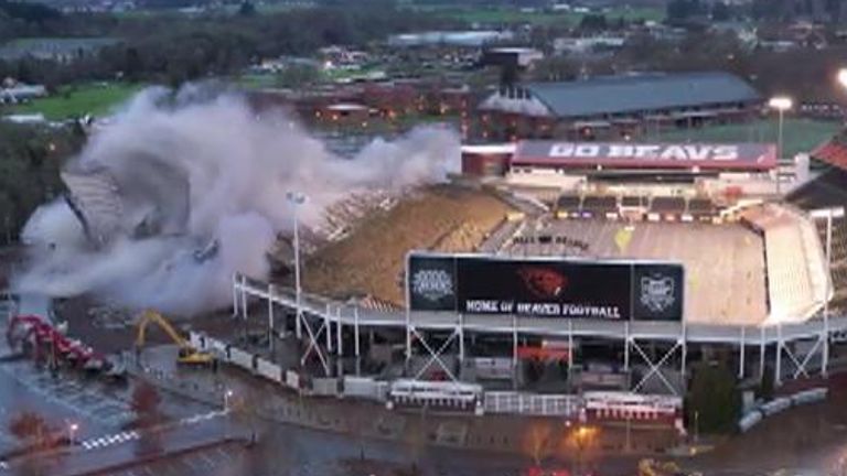 Oregon State University&#39;s stadium is demolished with explosives