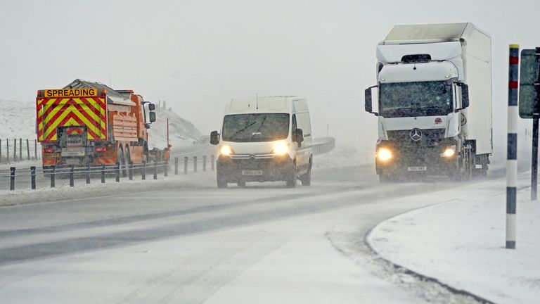 Drivers negotiate blizzards, snow and high winds on the A66 between Scotch Corner and Penrith. Weather forecasters are predicting further falls of snow across the north of England. Picture date: Thursday January 6, 2022.
