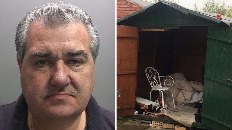 Peter Swailes and the shed where his victim was kept