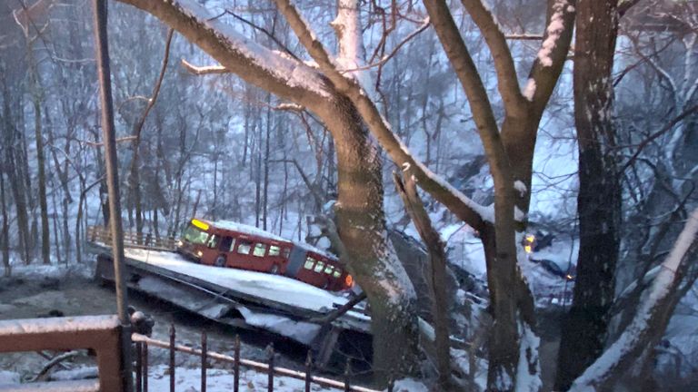 A commuter bus sits upright on a section of a collapsed bridge in Pittsburgh, on Friday, Jan. 28, 2022. Police reported the span, on Forbes Avenue over Fern Hollow Creek in Frick Park, came down around 6 a.m. There were no initial reports of injuries, Pittsburgh Public Safety said on Twitter. (Greg Barnhisel via AP)
PIC:AP

