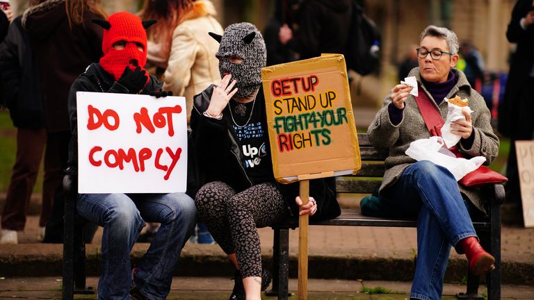 Demonstrators during a &#39;Kill The Bill&#39; protest against The Police, Crime, Sentencing and Courts Bill in College Green, Bristol. Picture date: Saturday January 15, 2022.

