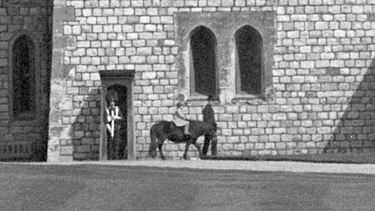 The first photograph of Princess Elizabeth riding a horse, in the grounds of Windsor Castle 1930.