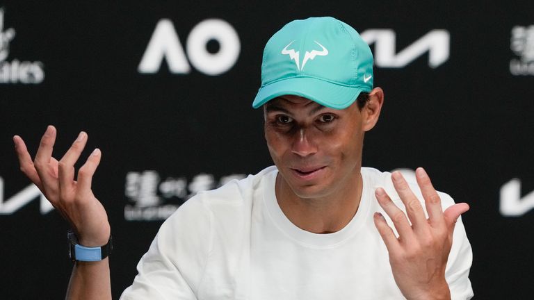 Spain&#39;s Rafael Nadal gestures during a press conference ahead of the Australian Open tennis championships in Melbourne, Australia, Saturday, Jan. 15, 2022. (AP Photo/Simon Baker)