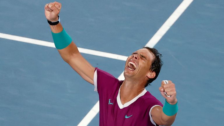Rafael Nadal of Spain celebrates his win. Pic: AP