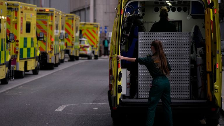 Ambulances and a police car stand parked outside the Royal London Hospital in the Whitechapel area of east London, Thursday, Jan. 6, 2022.
PIC:AP