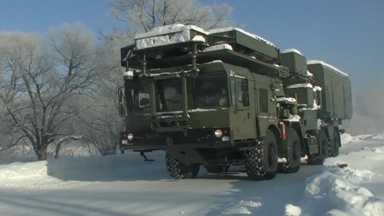 A Russian radar vehicle, part of a surface-to-air missile system, is pictured on its way to Belarus to join military drills