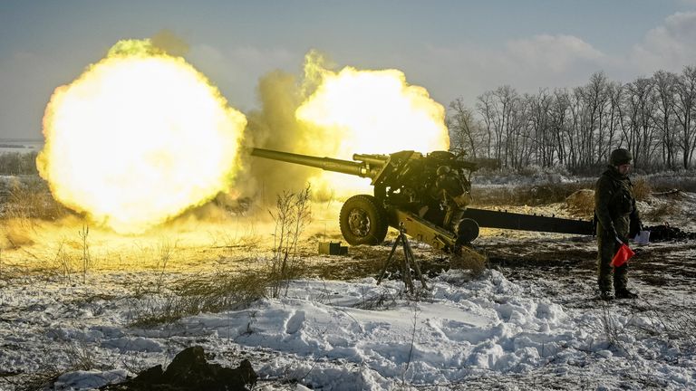 A Russian army service member fires a howitzer during exercises in the Kuzminsky range in the southern Rostov region, Russia January 26, 2022. REUTERS/Sergey Pivovarov/File Photo