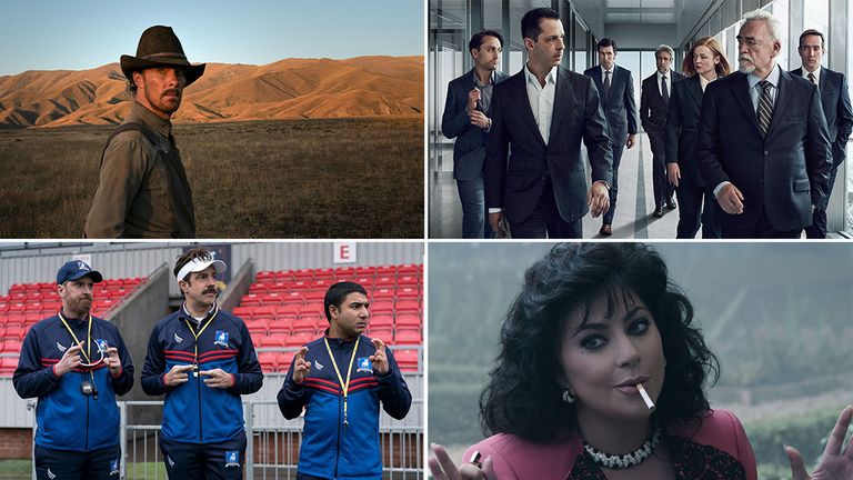 The Power Of The Dog, Succession, Ted Lasso and House Of Gucci all get nominations. Pics: Netflix/HBO/Apple/Universal