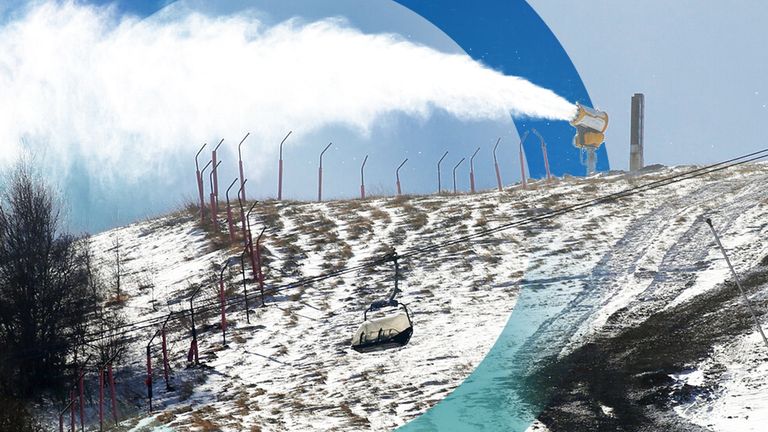 The venue for Slope Style of the Beijing Winter Olympics is being prepared with artificial snow machines at the Genting Snow Park in Chongli, Zhangjiakou in Hebei province on Nov. 25, 2021. ( The Yomiuri Shimbun via AP Images )