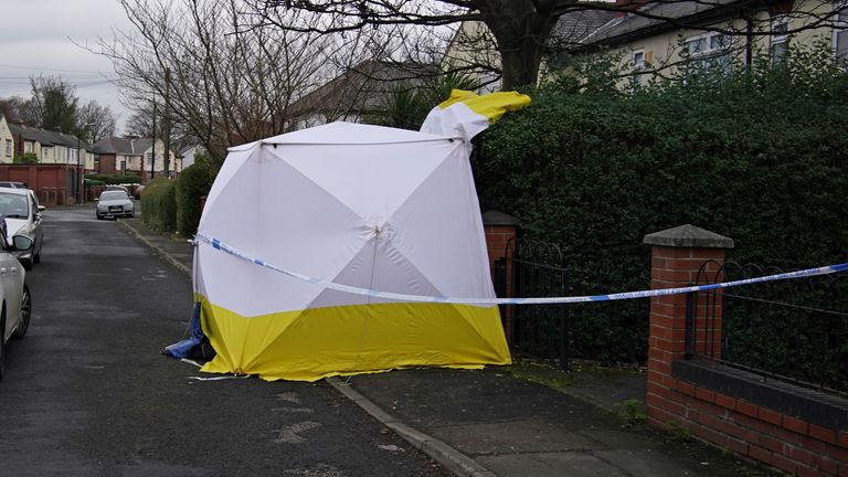 Police at the scene after a 16-year-old boy was fatally stabbed on Thirlmere Avenue in Stretford, Manchester. Paramedics treated the boy at the scene before he was taken to hospital where he died of his injuries. Picture date: Sunday January 23, 2022.