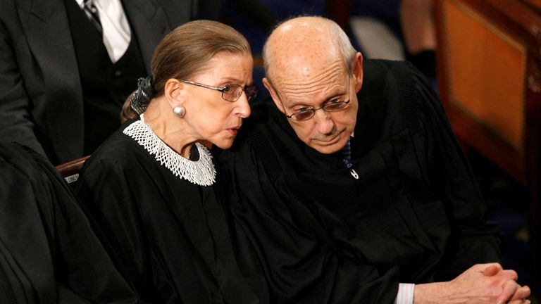 FILE PHOTO: U.S. Supreme Court Justices Ruth Bader Ginsburg (L) and Stephen Breyer chat before President Barack Obama&#39;s address to a joint session of Congress on Capitol Hill in Washington, February 24, 2009. REUTERS/Kevin Lamarque/File Photo
