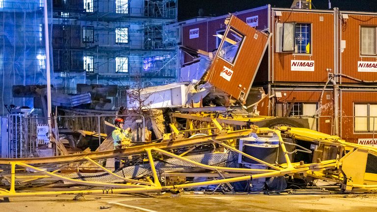 A crane crushed part of a construction site after collapsing in Malmo, Sweden