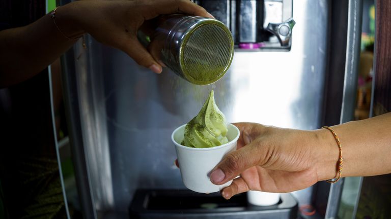 Cannabis ice cream is served during an exhibition in Buriram province, Thailand, last year
