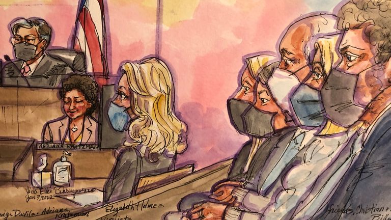 Theranos founder Elizabeth Holmes listens as the court clerk reads before Judge Edward Davila that she was found guilty on four of 11 counts in her fraud trial at Robert F. Peckham U.S. Courthouse in San Jose, California, U.S., January 3, 2022 in this courtroom sketch. REUTERS/Vicki Behringer