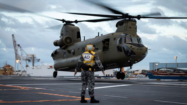 Pic: LSIS David Cox/Australian Defence Force/AP

HMAS Adelaide embarks Chinook Heavy-Lift Helicopters, Wednesday, Jan. 19, 2022, before departing the port of Brisbane, Australia, to provide humanitarian assistance to the Government of Tonga. U.N. humanitarian officials report that about 84,000 people ... more than 80% of Tonga&#39;s population ... have been impacted by the volcano&#39;s eruption. 