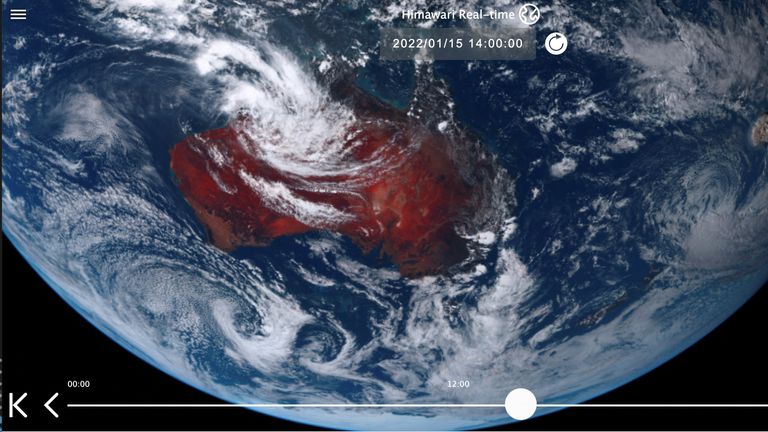 Handout image shows a plume rises over Tonga when the underwater volcano Hunga Tonga-Hunga Ha&#39;apai erupted in this satellite image taken by Himawari-8