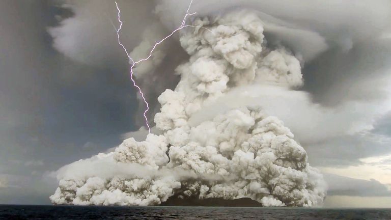 Pic: Tonga Geological Services/Reuters

An eruption occurs at the underwater volcano Hunga Tonga-Hunga Ha&#39;apai off Tonga, January 14, 2022 in this screen grab obtained from a social media video. Video recorded January 14, 2022. Tonga Geological Services/via REUTERS THIS IMAGE HAS BEEN SUPPLIED BY A THIRD PARTY. MANDATORY CREDIT. NO RESALES. NO ARCHIVES.