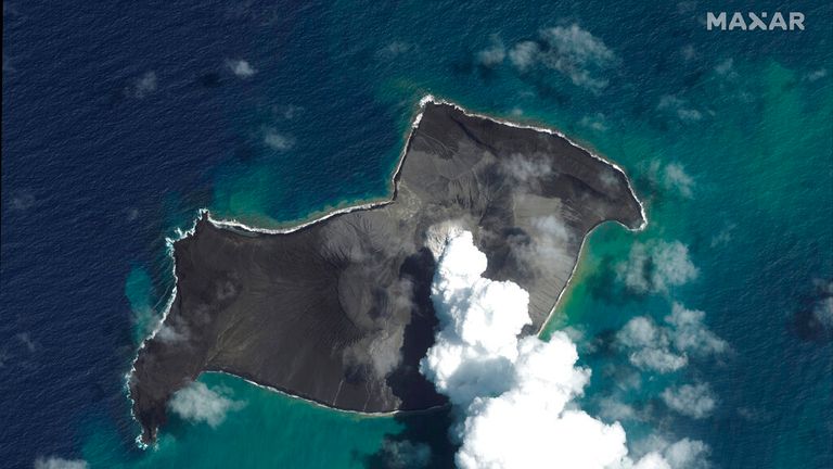 This satellite image provided by Maxar Technologies shows an overview of Hunga Tonga Hunga Ha’apai volcano in Tonga on Jan. 6, 2022, before a huge undersea volcanic eruption.