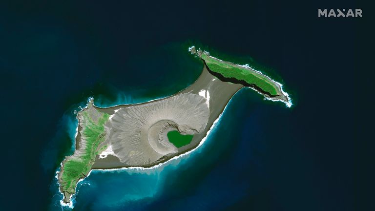 Hunga Tonga Hunga Ha’apai volcano on 10 April, 2021. Pic: Satellite image ©2022 Maxar Technologies