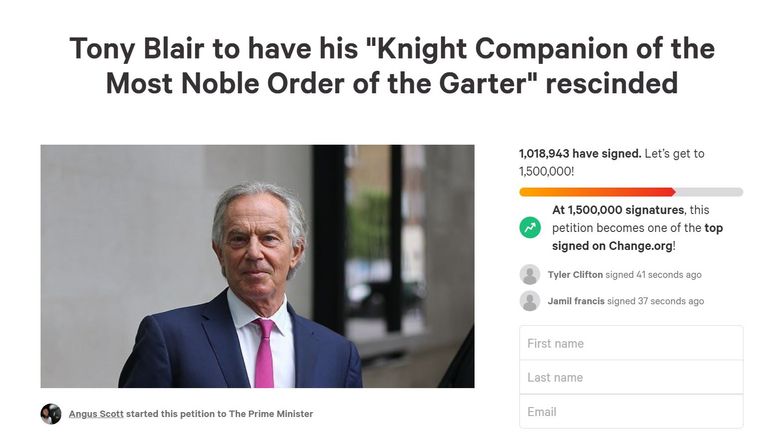 More than one million people have signed the petition calling for Sir Tony Blair to be stripped of his knighthood