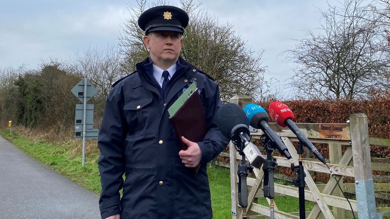 Superintendent Eamonn Curley speaks to the media near to the scene in Tullamore, Co Offaly after a young woman, who has been named locally as Ashling Murphy, was killed on Wednesday evening. She died after being attacked while she was jogging along the canal bank at Cappincur at around 4pm on Wednesday. Picture date: Thursday January 13, 2022.
