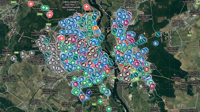 Une carte montrant l'emplacement des abris anti-bombes a été publiée par le gouvernement ukrainien.  Photo : Google Maps/ Офіційний портал Києва