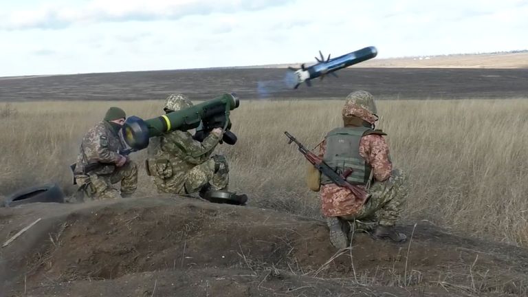 mage taken from footage provided by the Ukrainian Defense Ministry Press Service, a Ukrainian soldiers use a launcher with US Javelin missiles during military exercises in Donetsk region, Ukraine, Wednesday, Jan. 12, 2022. President Joe Biden has warned Russia's Vladimir Putin that the U.S. could impose new sanctions against Russia if it takes further military action against Ukraine. (Ukrainian Defense Ministry Press Service via AP)