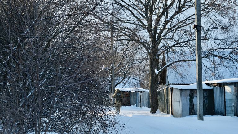 A Ukrainian border guard in the village of Zvyazok