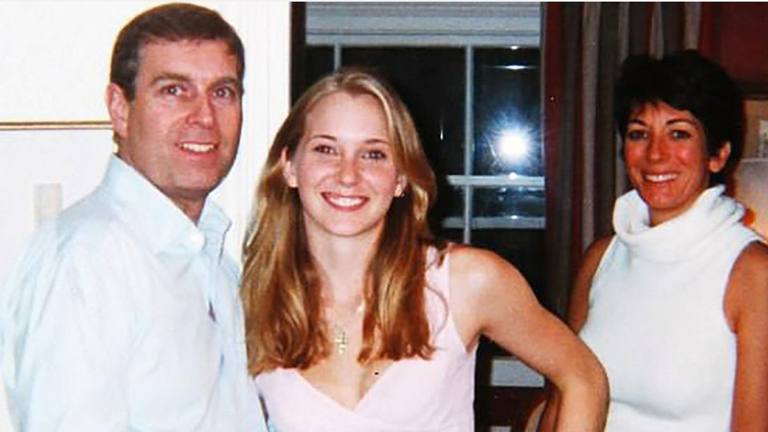 Prince Andrew, Virginia Giuffre and Ghislaine Maxwell, believed to be photographed in 2001. Image credit: Rex/Shutterstock