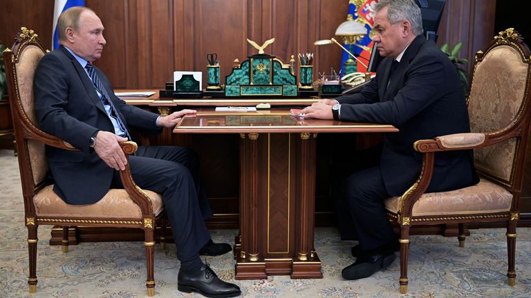 Russia&#39;s President Vladimir Putin meets with Defence Minister Sergei Shoigu in Moscow, Russia January 13, 2022. Sputnik/Alexey Nikolsky/Kremlin via REUTERS ATTENTION EDITORS - THIS IMAGE WAS PROVIDED BY A THIRD PARTY.
