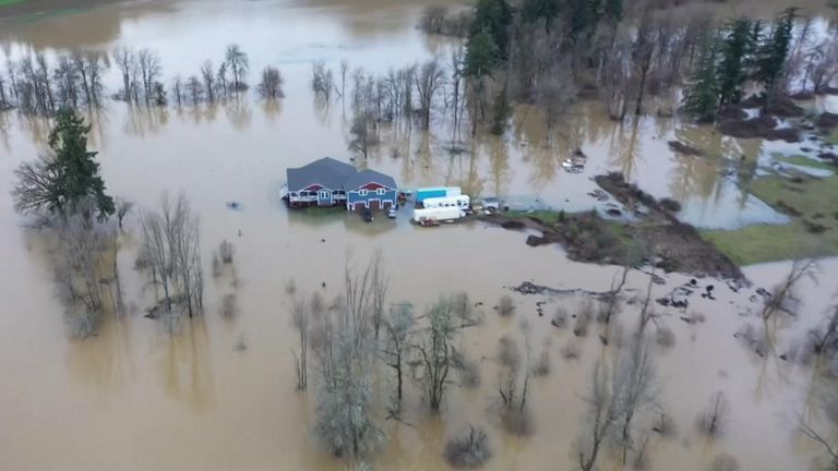 Drone video showed heavy flooding and washed out roads throughout Centralia, Washington