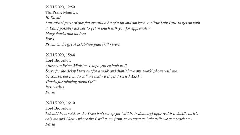 The WhatsApp messages between the Prime Minister and and Lord Brownlow which have been published in a letter from the Prime Minister&#39;s standards adviser, Lord Geidt, to Boris Johnson. The Prime Minister has explained that he did not disclose messages exchanged with the Tory donor about his flat refurbishment because they were on an old phone. Issue date: Thursday January 6, 2022.