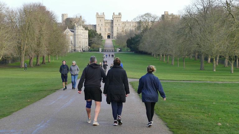 People make the most of the unseasonably mild temperatures on New Years Day along The Long Walk, Windsor Great Park.