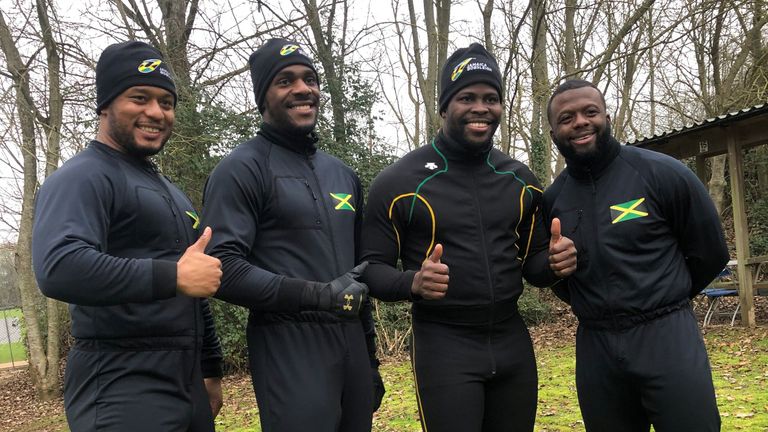 Jamaica bobsleigh team From right to left in group shots: Shanwayne Stephens. Nimroy Turgott, Matthew Wekpe and Ashley Watson 
