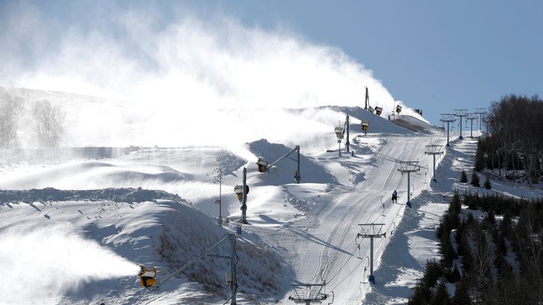 Snow machines in operation at Genting Snow Park - a competition venue for Snowboarding and Freestyle Skiing during the Beijing 2022 Winter Olympics