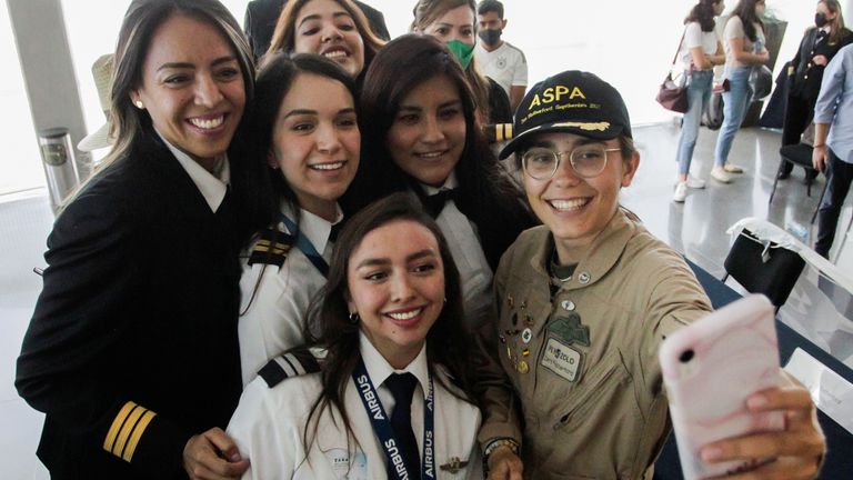 Rutherford takes a selfie with other pilots at Del Norte airport in Mexico is September 2021