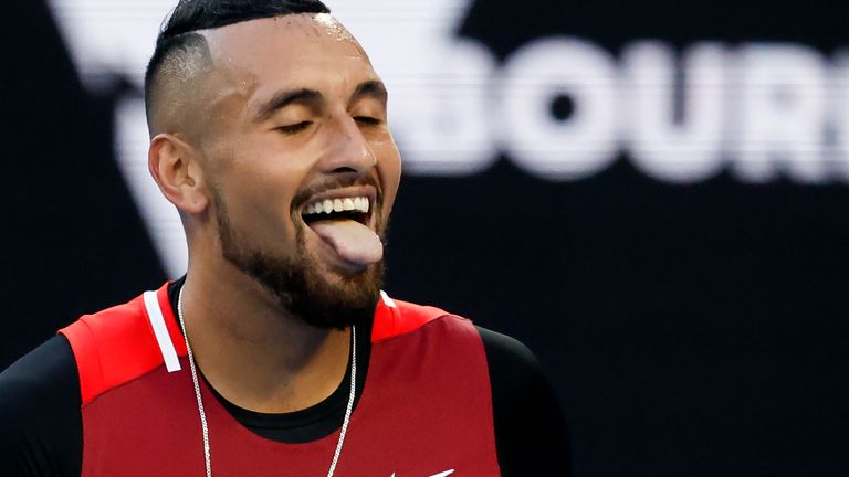 Nick Kyrgios of Australia reacts during his second round match against Daniil Medvedev of Russia at the Australian Open tennis championships in Melbourne, Australia, Thursday, Jan. 20, 2022. (AP Photo/Hamish Blair)