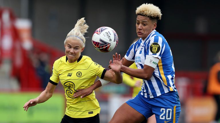 Chelsea&#39;s Pernille Harder in action with Brighton and Hove Albion&#39;s Victoria Williams
