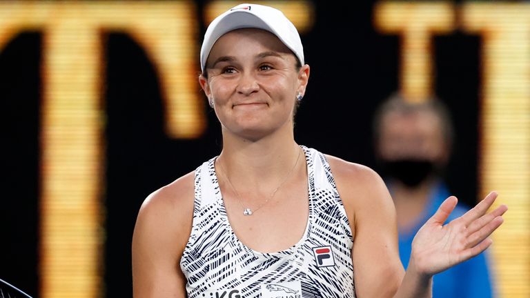 Ashleigh Barty of Australia celebrates after defeating Jessica Pegula of the U.S. in their quarterfinal match at the Australian Open tennis championships in Melbourne, Australia, Tuesday, Jan. 25, 2022. (AP Photo/Hamish Blair)