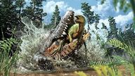 Researchers found the skeletal remains of a small dinosaur inside the stomach of a new species of crocodile. Pic: Dr Matt White/Australian Age of Dinosaurs