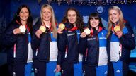 Great Britain curling Gold Medallists Eve Muirhead, Vicky Wright, Jennifer Dodds, Hailey Duff and Mili Smith at The Curling Club in The Langham Hotel, London. Great Britain claimed two medals at the Beijing Winter Olympics, with Eve Muirhead&#39;s womens curling team taking gold while Bruce Mouat&#39;s men return home with silver. Picture date: Tuesday February 22, 2022.