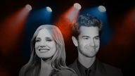 Jessica Chastain and Andrew Garfield star in The Eyes Of Tammy Faye. Pics: AP/ Sky News Backstage